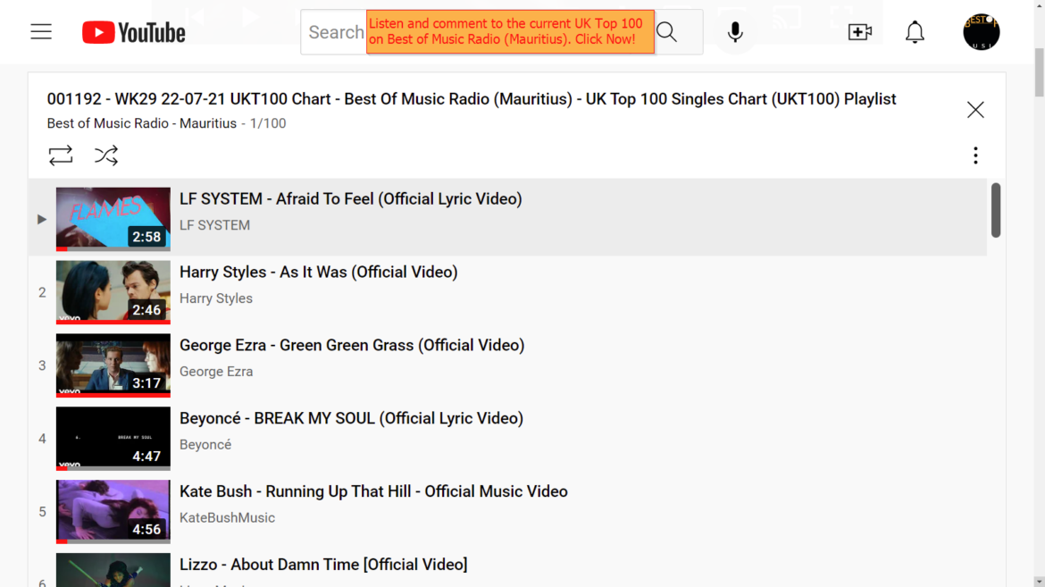 22-07-23 - YouTube UK TOP 100 Singles Chart Playlist